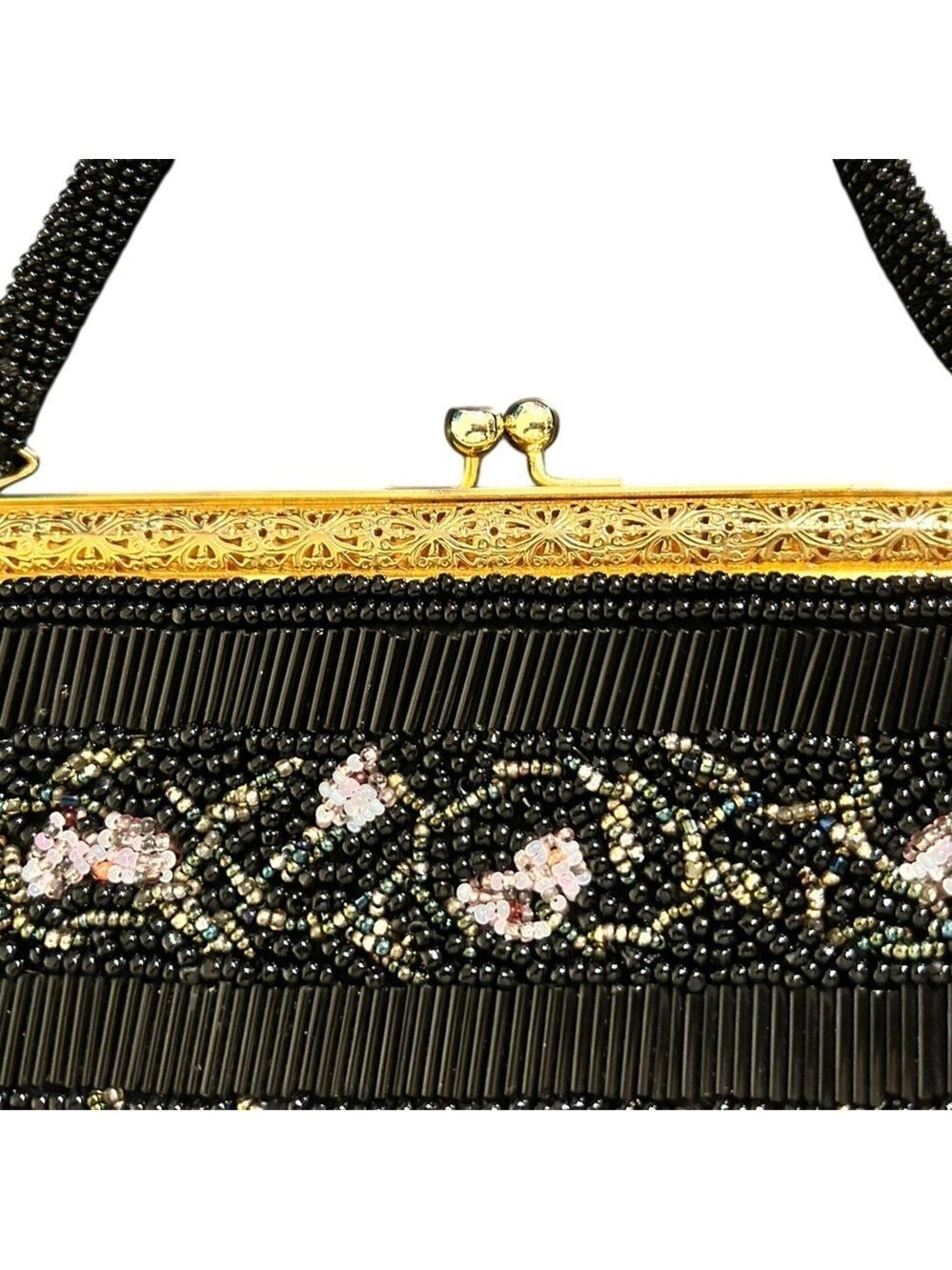 Vintage Beaded Handbag Ornate Goldtone Frame Beautiful Beading Including Handle - Picture 9 of 10